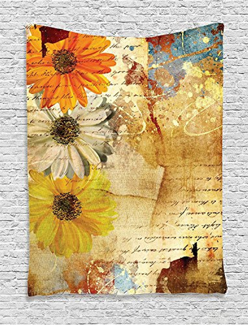 Ambesonne Grunge Tapestry  Flowers Lettering Poetry Orange Yellow Daisy Grunge Art with Paint Splashes Graphic  Wall Hanging for Bedroom Living Room Dorm Decor  60" X 80"  Multicolor