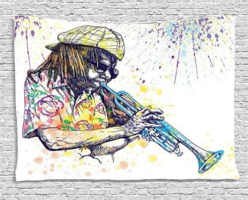 Ambesonne Jazz Music Decor Tapestry Wall Hanging  Illustration of Trumpeter with Paint Splashes at The Background Entertainment Art  Bedroom Living Room Dorm Decor  60" X 40"  Purple Yellow