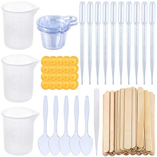Sntieecr 109 Pieces Resin Cups Casting Tools Kit, Including 100ml Silicone Measuring Cups, Spoons, Wood Mixing Sticks, Dropping Pipettes, Tweezer and Finger Cots Gloves for Epoxy Resin, Casting Molds
