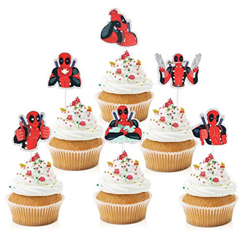 18pcs Superhero Deadpool Cupcake Toppers - Marvels Party Glitter Funny Talkaholic Deadpool Cupcake Supplies - Red Ninja Boy's Birthday Party Decoration