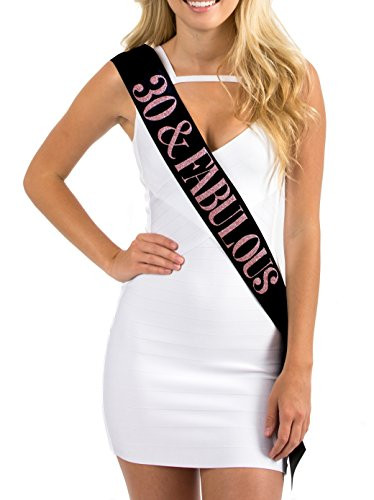 Dulcet Downtown Black Satin 30 & Fabulous Birthday Sash with Rose Glitter Lettering
