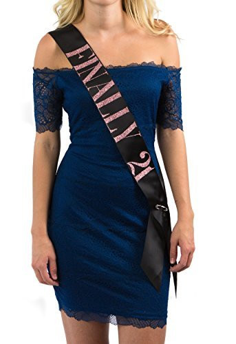Dulcet Downtown Black Satin Finally 21 Birthday Sash with Rose Glitter Lettering