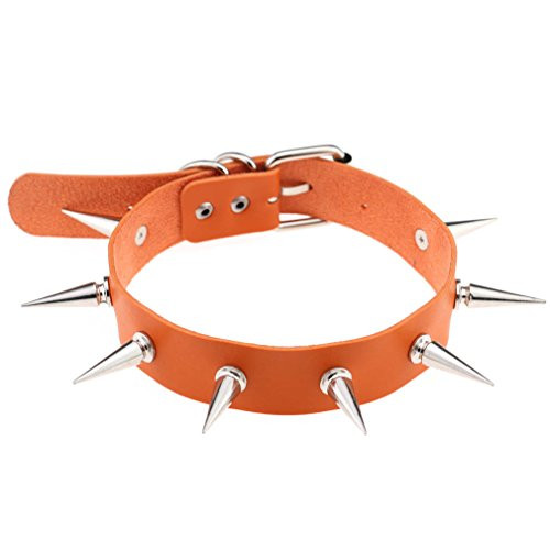 FM FM42 Orange Simulated Leather PU Silver-tone Spikes Rivets Punk Rock Gothic Choker Collar Necklace PN1415