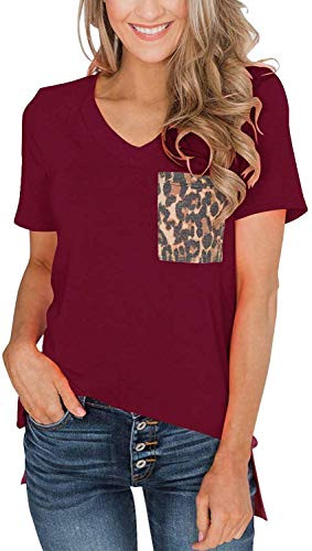 Womens Short Sleeves Casual Loose V Neck T Shirts Basic Tops Leopard Pocket Red Wine M