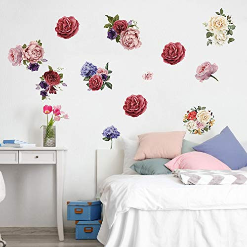 Peony Wall Decals Pink Flowers Wall Stickers for Bedroom  Peonies Wall Decals Elegant Florals Wall Decor Posters Blossom Art Applique for Girls Room Living Room