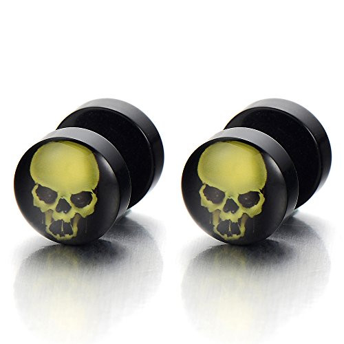 2pcs 10MM Black Skull Screw Stud Earrings Men Women Cheater Fake Ear Plugs Gauges Illusion Tunnel 2pcs 10MM Black Skull Screw Stud Earrings Men Women Cheater Fake Ear Plugs Gauges Illusion Tunnel