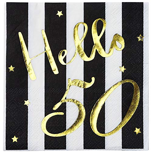 Hello 50 Cocktail Napkins - Happy 50th Birthday Decorations for Men Women  Folded 5x5 Inches Party Napkins  3-Ply Paper Beverage Napkins  Black and Gold 50th Birthday Napkins  Wedding Anniversary