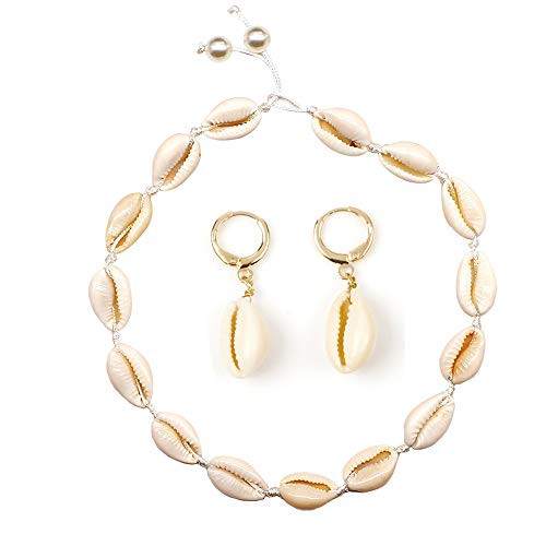 BELUCKIN 2PCS Shell Choker Necklace for Women Seashell Necklace Handmade Adjustable Beach Puka Shell Necklace and Anklet Bracelets Set Hawaiian Jewelry  Shell Necklace Earring