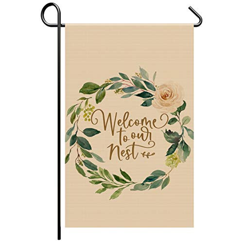 HABILY Flower Wreath Garden Flag Vertical Double Sided Burlap Welcome to Nest Yard Flags  Welcome House Flag 12.5 x 18 Inch for Summer Spring Yard Outdoor Decor