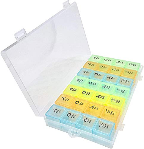 DigitCont Weekly Pill Organizer 4 Times a Day  Pill Box 7 Day Pill Dispenser 4X a Day  Big Compartments Pill Case  28 Cell Medicine Dispenser for Elderly Daily  Multi-Colored