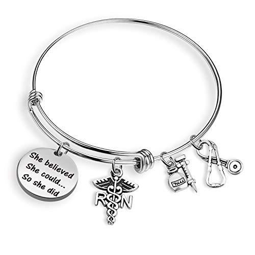 Nurse Gifts She Believed She Could Nurse Bracelet Bangle LVN LPN RN Stethoscope Charm Jewelry Inspirational Gift for Nurse  she believe RN BR