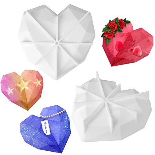 Lamoutor 2Pcs 3D Heart Shaped Mold Geometric Cake Mold Silicone Diamond Mold Diamond Heart Love Cake Mold Trays for DIY Baking Cake Chocolate Dessert