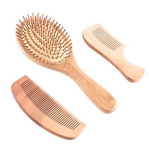 SANOSY 3PC Set Wood Comb Healthy Paddle Cushion Hair Loss Massage Brush Hairbrush Comb Scalp Hair Care Healthy Bamboo Comb
