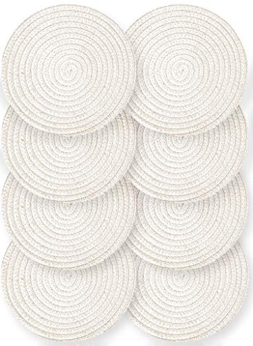 Cotton Round Woven Coasters Drink - Handmade Braided Cup Coasters Absorbent Woven Coasters Hot Pads Mats for Drink Home Kitchen Heat-Resistant Reusable Non-Slip  8 pcs white