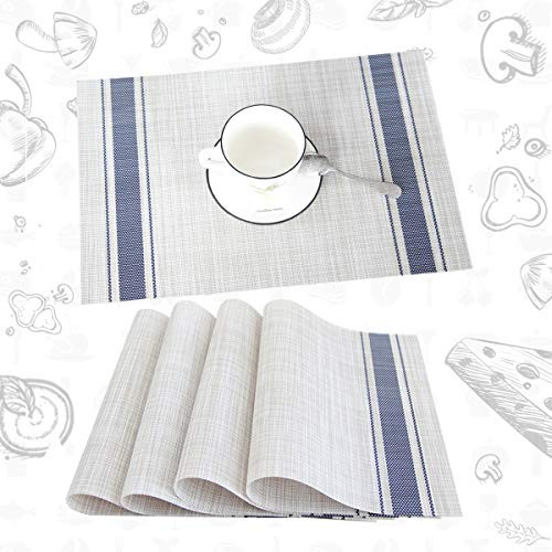 profurni Placemats for Dining Table Kitchen Table Mats Set of 4 Washable PVC Heat Resistant Place Mats Stain Resistant Non-Slip Placemat for Hotel Office Bule