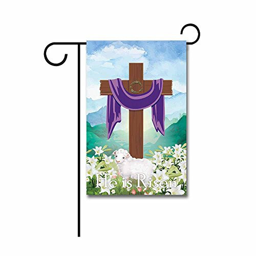 KafePross Purple Cross in Scarf with Lilies and Sheep Garden Flags He is Risen Easter Banner 12.5 x 18 inch Printed Double Sided