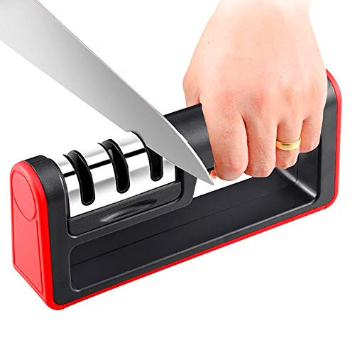 Kitchen Knife Sharpener Professinal 3 Stages Handheld Knife Sharpeners Tungsten Diamond Ceramic Sharpening Tool To Repair And Polish Blades Kitchen Gadget RED BLACK  Red