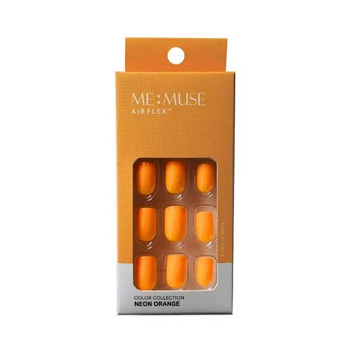 ME MUSE 24pcs Air Flex Reusable Nails  Short Square Press on Nails Manicure set - Double Sided Adhesive Tabs Glue Sticker  Neon Orange