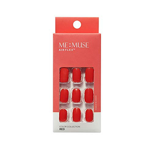 ME MUSE 24pcs Air Flex Reusable Nails  Short Square Press on Nails Manicure set - Double Sided Adhesive Tabs Glue Sticker  Red