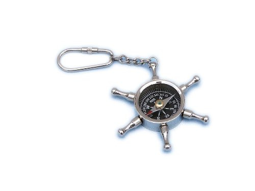 Hampton Nautical  Chrome Ship Wheel Compass Key Chain, 5", Chrome