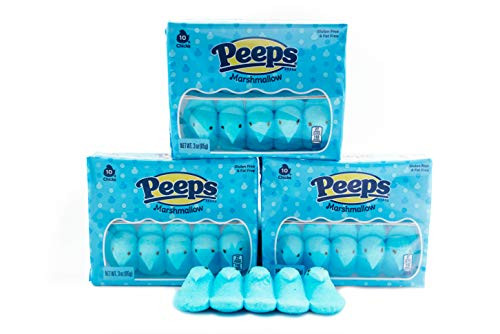 Blue Marshmallow Peeps - 3 Packs of 10 - Gluten  and  Fat Free Snacks - Old School Marshmallow Chicks - Retro Holiday Candies for Easter Baskets and Edible Decorations