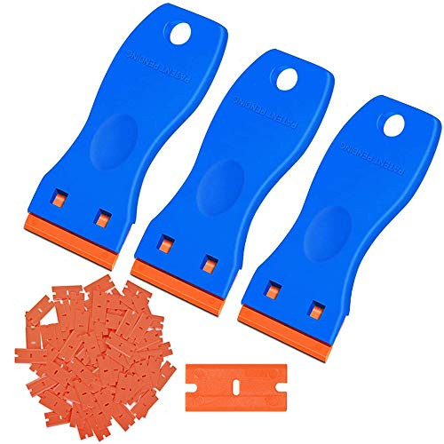3PCS Razor Blades Scraper with 100PCS Plastic Razor Blades Refillable Double Edge Sticker Scraper Tool Window Tint Remover for Removing Labels Stickers Decals from Glass
