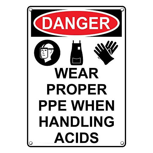 Weatherproof Plastic Vertical OSHA Danger Wear Proper PPE When Handling Acids Sign with English Text and Symbol