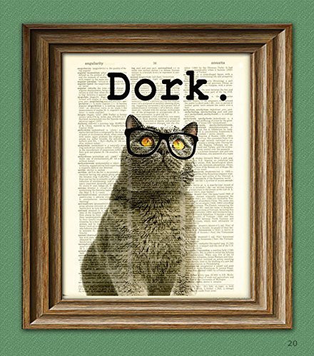 The Dork Cat In Black Glasses Illustration Beautifully Upcycled Dictionary Page Book Art Print