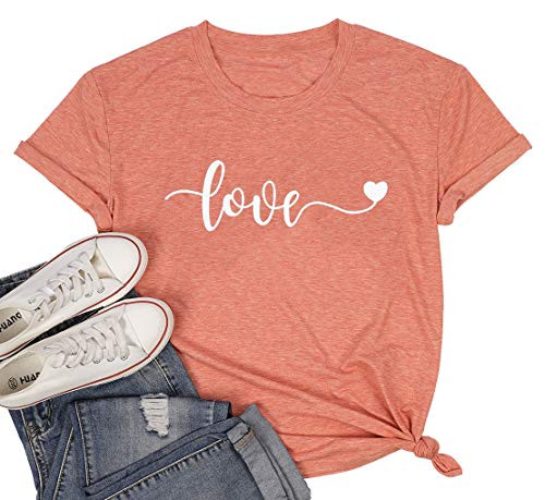 Women Love Heart Printed Shirt Valentine's Day Graphic Tee Shirts Short Sleeve Letter Print Tshirt Tops  XXL  Orange