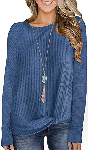 Aixy Women's Long Sleeve Waffle Knit Sweater Crew Neck Solid Color Pullover Jumper Tops Blue