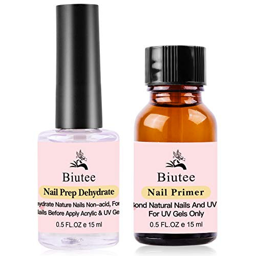 Biutee Nail Primer And Nail Dehydrator Set Acid Free Bonding Primer Professional Natural Nail Prep Dehydrator Fast Air Dry For Gel Polish and Acrylic Powder 0.5 OZ