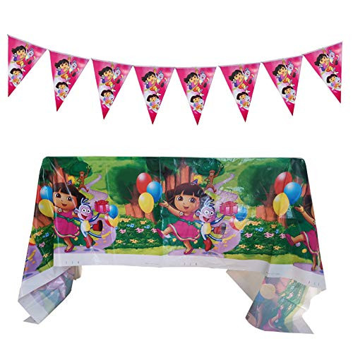 1 PCS Dora The Explorer Banner and 1PCS Plastic Tablecloth Dora The Explorer Themed Birthday Party Decorations Supplies