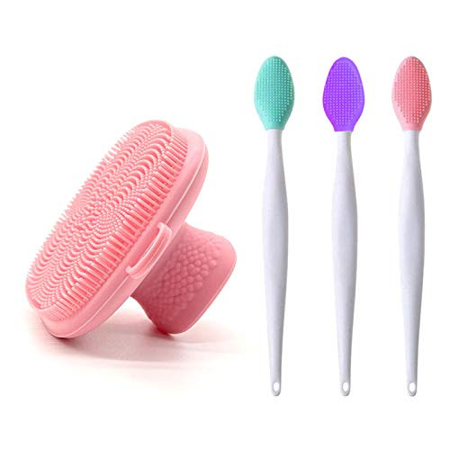 Silicone Face Scrubber and Lip Scrubber Set 1PC Soft Silicone Manual Facial Cleansing Brush with 3PCS Lip Brush for Massage Pore Cleansing Blackhead Removing Exfoliating