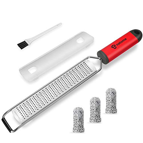 Upgraded  Lemon Zester and Cheese Grater  Citrus  Garlic  Ginger  Zester Grater with Handle  Stainless Steel Fine Blades with Finger Guards  Red