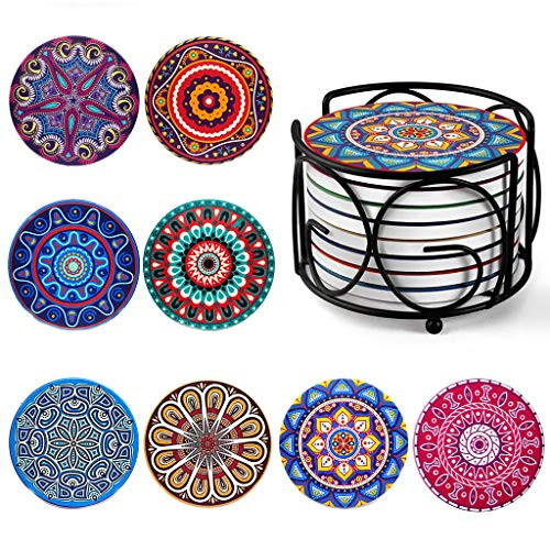 Kicpot Coasters for Drinks  Set of 8 Absorbent Mandala Stone Coasters with Cork Base  Metal Holder  Great Gift for Birthday  Housewarming  Room Decor  Bar  Holiday Party