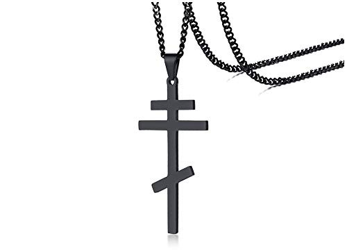 XUANPAI Mens Stainless Steel Cross Pendant Necklace Russian Orthodox Cross Religious Jewelry Curb Chain 24" Black