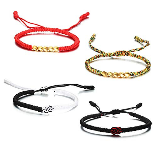 JOERICA 4 Pcs Tibetan Copper Bead Bracelet Lucky Rope Bracelet Handmade Buddhist Braided Cotton Bracelets Adjustable Friendship Bracelet Gift for Friends