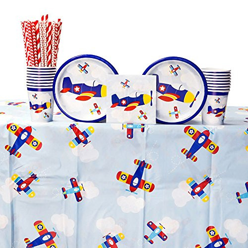 Lil' Flyer Airplane 1st Birthday Party Supply Pack for 16 Guests: Straws, Dessert Plates, Beverage Napkins, Table Cover, and Cups