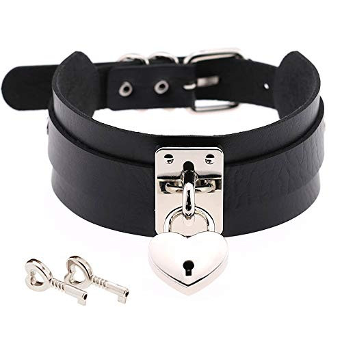 Jurxy Heart Choker Necklace PU Leather Goth Choker Collar with Heart Punk Rock Collar Lock with Keys Adjustable Size Black with Silver Heart