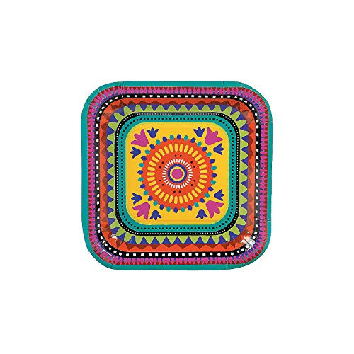 Fun Express - Fiesta Square Dessert Plate for Cinco de Mayo - Party Supplies - Print Tableware - Print Plates  and  Bowls - Cinco de Mayo - 8 Pieces