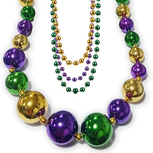 Large Mardi Gras Beads Necklace and 3pcs Mardi Gras Bead Necklaces 33" Inch Purple Gold Green for Mardi Gras Party