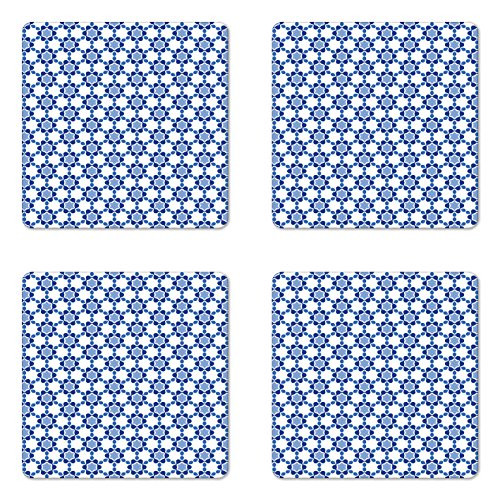Lunarable Moroccan Coaster Set of 4  Ottoman Oriental Tile Mosaic Image Hexagonal Honeycomb Shaped  Square Hardboard Gloss Coasters  Standard Size  Turquoise Blue