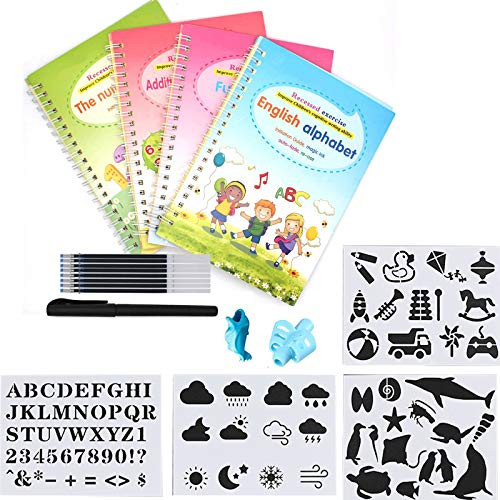 4Pcs Magic Practice Copybook English Handwriting Copybook Reusable Lifepigment Magic Calligraphy Book Writing Practice Copybook for Preschool Kids with Pen?plastic planner stencils