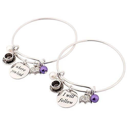 HANRESHE Bangle 2pcs Set Where You Lead I Will Follow Adjustable DIY Couple Bracelet Message Charm Expandable Wire Bangle Bracelet