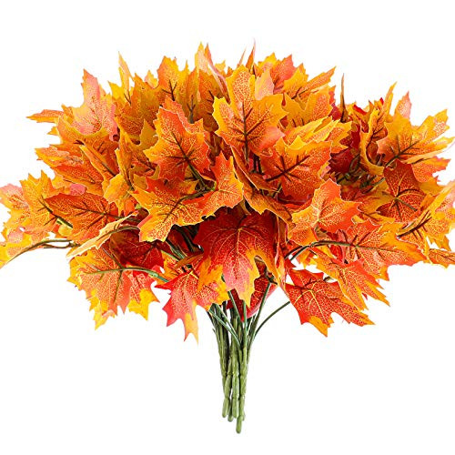 6 PCS Artificial Maple Leaves Branches 7 Branches Autumn Fake Fall Bushes Maple Leaf Stem Shrubs Faux Plants for Home Kitchen Festival Autumns Table Centerpieces Decoration