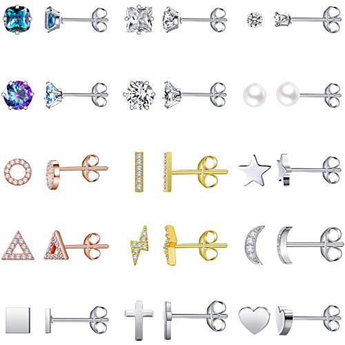 15 Pairs Stainless Steel Stud Earrings CZ Earrings  Moon and Star Stud Earrings Cute Bar Ball Tiny Crystal Stud Earring Set for Women Girls