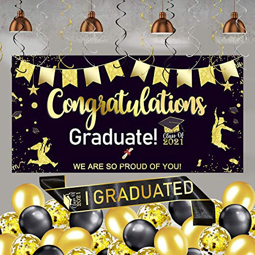 MOVINPE 2021 Graduation Decorations Party Supplies Large Black Gold Congrats Grad Banner Photo Backdrop I Graduated Sash Hanging Swirls Confetti Balloons for Class of 2021 MOVINPE 2021 Graduation Decorations Party Supplies Large Black Gold Congrats Grad Banner Photo Backdrop I Graduated Sash Hanging Swirls Confetti Balloons for Class of 2021