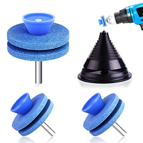Universal Lawn Mower Blade Sharpener  Mower Blade Balancer  Upgrade Double Layer Corundum Grindstones Blade Sharpener Grinder for Any Power Drill  and  Hand Drill  3PCS Blue Lawn Mower  1 Blade Balancer