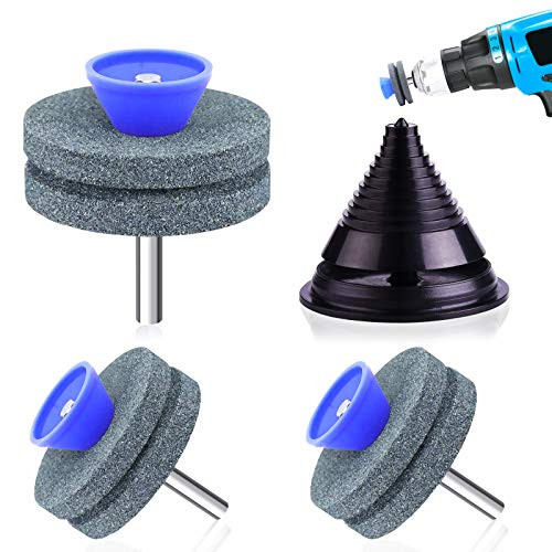 Universal Lawn Mower Blade Sharpener  Mower Blade Balancer  Upgrade Double Layer Corundum Grindstones Blade Sharpener Grinder for Any Power Drill  and  Hand Drill  3PCS Gray Lawn Mower  1 Blade Balancer