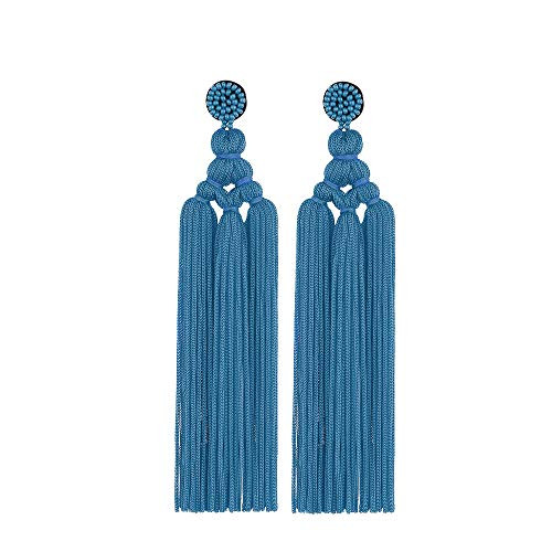 Long Woven Tassel Earrings  Big Boho Statement Tassel Layer Dangle Earrings for Women Girls  Large Bohemian Thread Fringe Layered Chandelier Drop Earrings  Blue